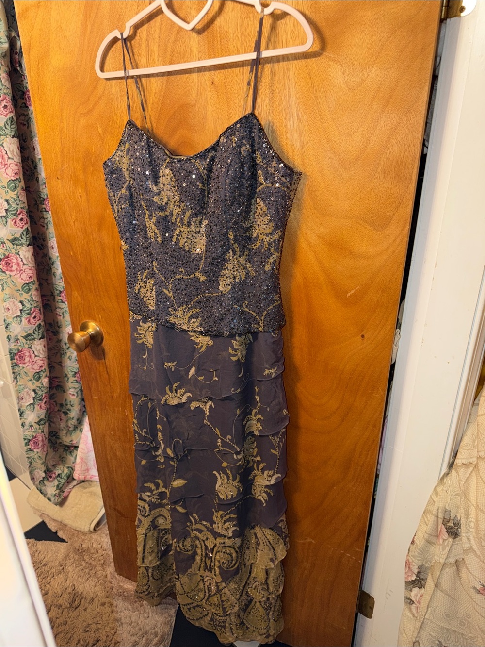 Vintage Elegant Navy and Gold Beaded Evening Dress 100% silk